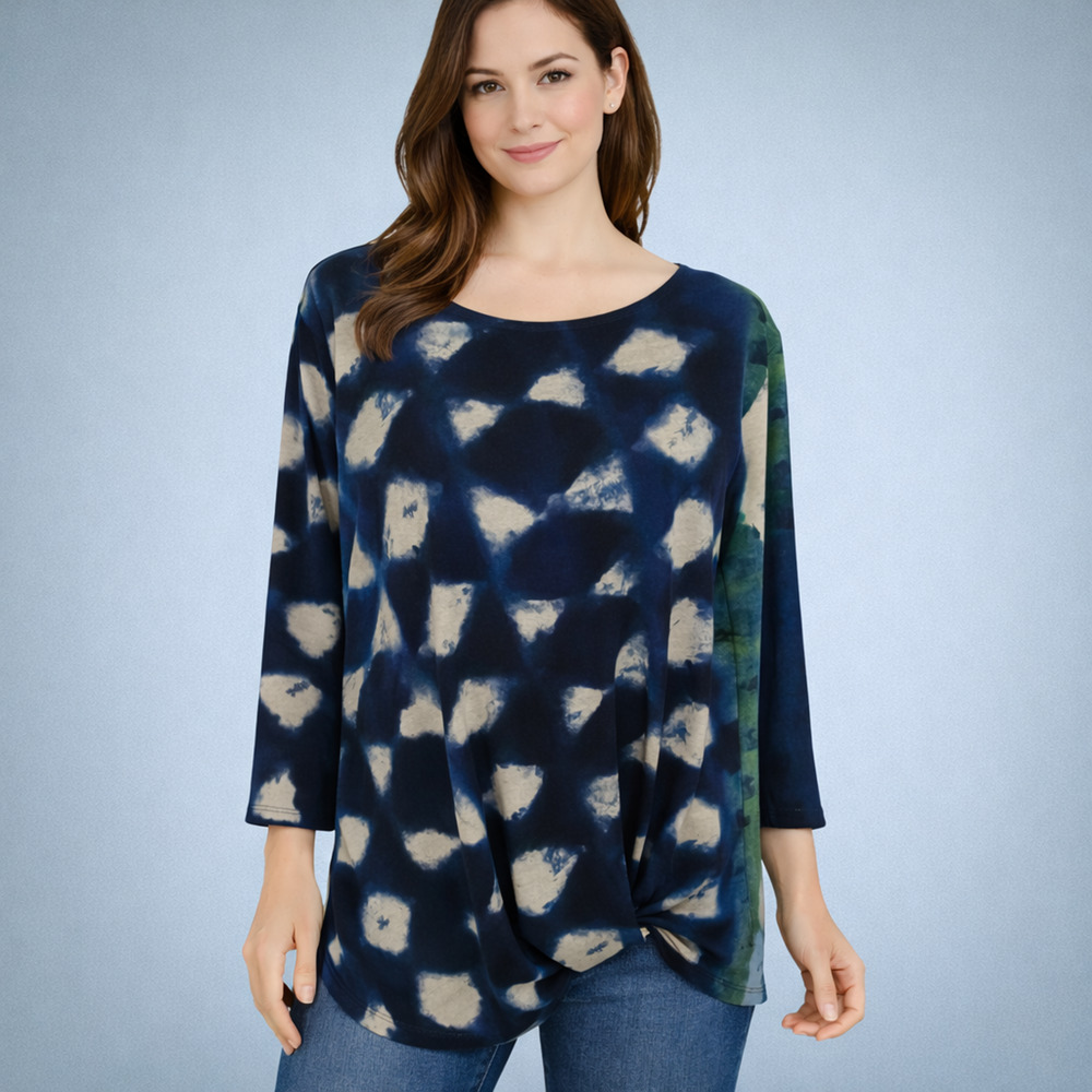 Clara Sun Woo Size Large L Blue Geometric Print Scoop Neck 3/4 Sleeve Knot Top